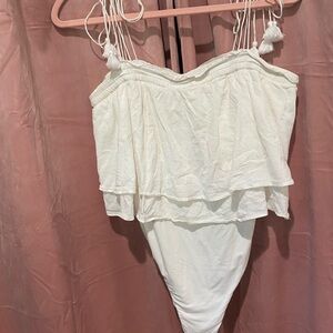 Free People White Layered Thong Bodysuit with Tie Straps
